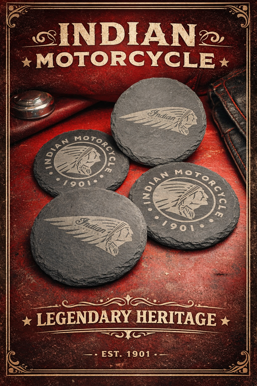 Indian Motorcycle Slate Coasters - Laser Engraved