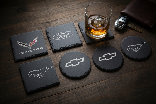Laser-engraved automotive slate coasters lifestyle ad